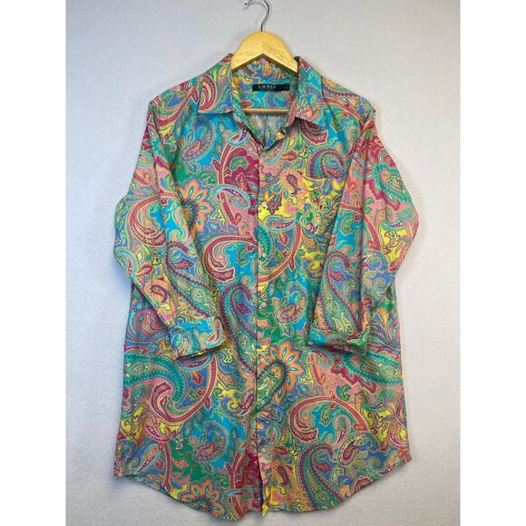 Lauren Ralph Lauren Woman's Colorful Paisley Tunic Button-Down Shirt Boho - Picture 1 of 10